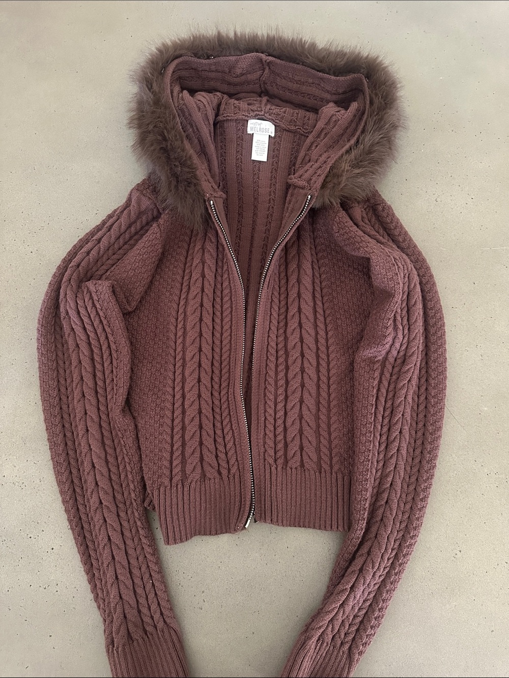 Faux-Fur Trim Cable Knit Zip Jacket/Cardigan - Brown